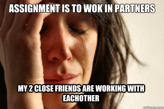 Assignment is to wok in partners My 2 close friends are working with eachother  First World Problems