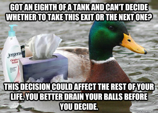 Got an eighth of a tank and can't decide whether to take this exit or the next one? This decision could affect the rest of your life. You better drain your balls before you decide. - Got an eighth of a tank and can't decide whether to take this exit or the next one? This decision could affect the rest of your life. You better drain your balls before you decide.  Masturbation Mallard