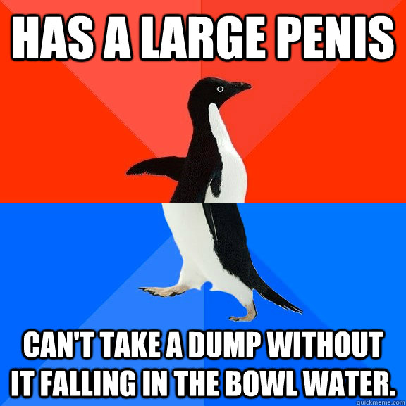 Has a large penis Can't take a dump without it falling in the bowl water.  Socially Awesome Awkward Penguin