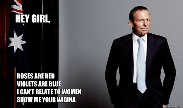 Hey girl, 

 Roses are red
violets are blue
i can't relate to women
show me your vagina - Hey girl, 

 Roses are red
violets are blue
i can't relate to women
show me your vagina  Hey Girl Tony Abbott