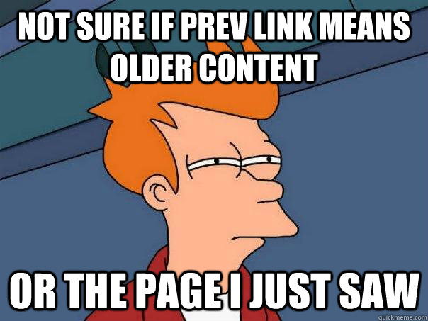 Not sure if prev link means older content or the page i just saw  Futurama Fry
