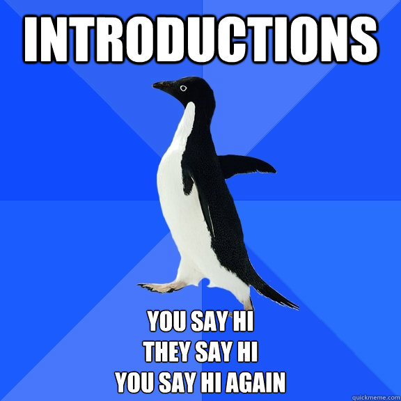 introductions you say hi
they say hi
you say hi again  Socially Awkward Penguin