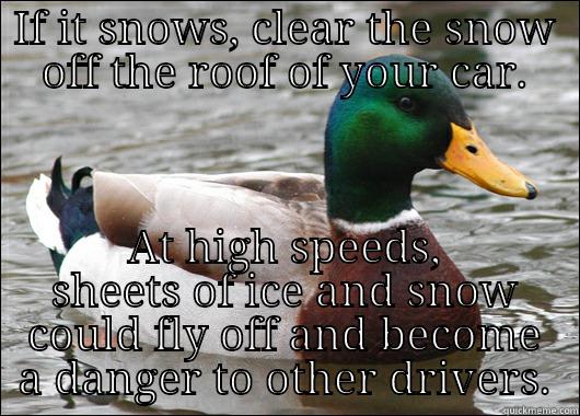 IF IT SNOWS, CLEAR THE SNOW OFF THE ROOF OF YOUR CAR. AT HIGH SPEEDS, SHEETS OF ICE AND SNOW COULD FLY OFF AND BECOME A DANGER TO OTHER DRIVERS. Actual Advice Mallard