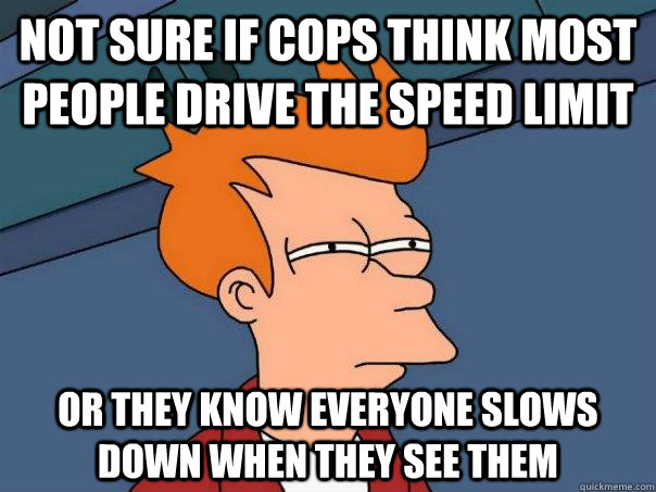 Not sure if cops think most people drive the speed limit Or they know everyone slows down when they see them  Futurama Fry