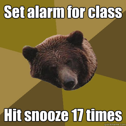 Set alarm for class Hit snooze 17 times  Lazy Bachelor Bear