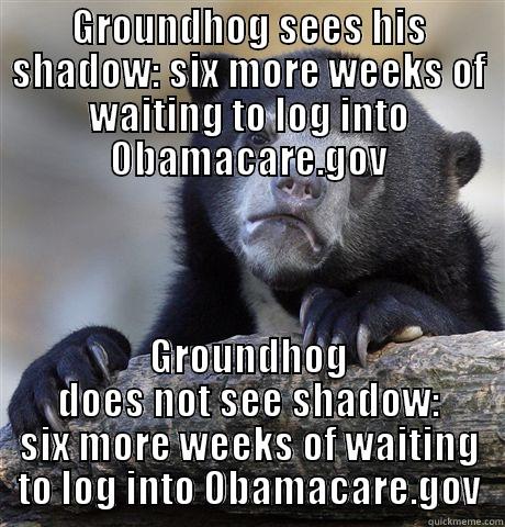 GROUNDHOG SEES HIS SHADOW: SIX MORE WEEKS OF WAITING TO LOG INTO OBAMACARE.GOV GROUNDHOG DOES NOT SEE SHADOW: SIX MORE WEEKS OF WAITING TO LOG INTO OBAMACARE.GOV Confession Bear