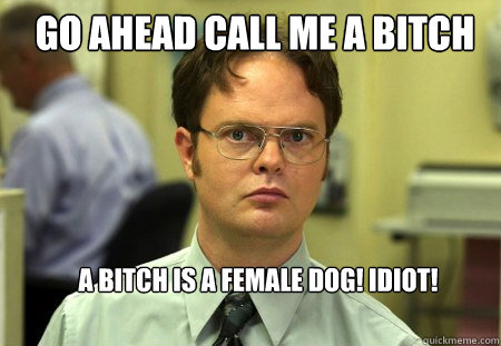 Go ahead call me a bitch a bitch is a female dog! idiot!  Schrute