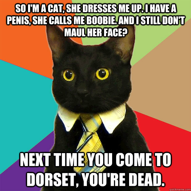 So I'm a cat, she dresses me up. I have a penis, she calls me boobie. And I still don't maul her face? Next time you come to dorset, you're dead.  Business Cat