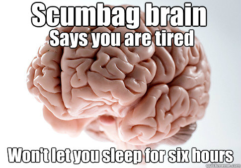 Scumbag brain Won't let you sleep for six hours Says you are tired  Scumbag Brain