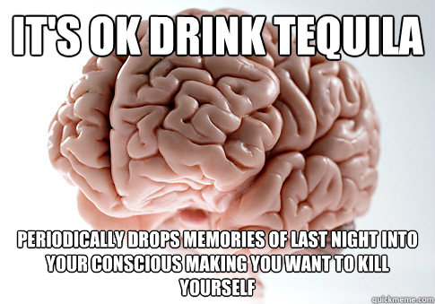 It's ok drink tequila  periodically drops memories of last night into your conscious making you want to kill yourself  Scumbag Brain