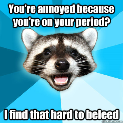 You're annoyed because you're on your period? I find that hard to beleed  Lame Pun Coon