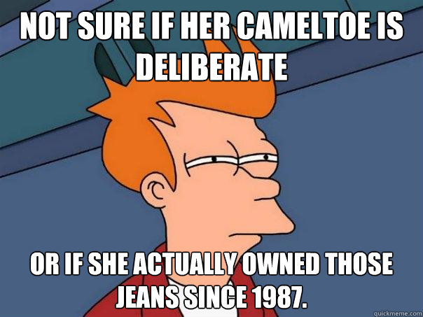 Not sure if her cameltoe is deliberate or if she actually owned those jeans since 1987.  Futurama Fry
