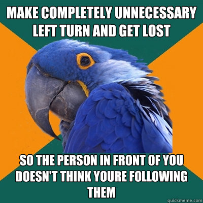 make completely unnecessary left turn and get lost so the person in front of you doesn't think youre following them  Paranoid Parrot