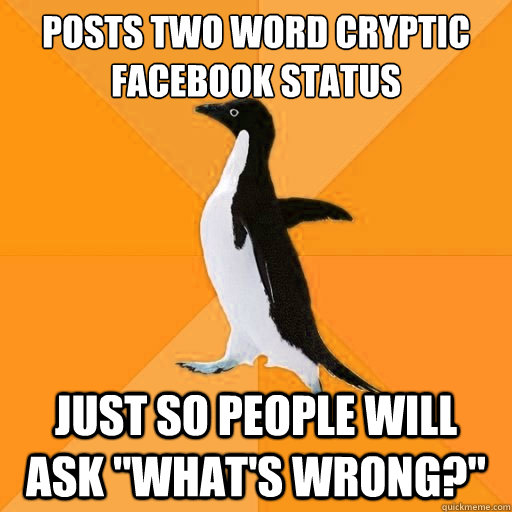 Posts two word cryptic facebook status just so people will ask 