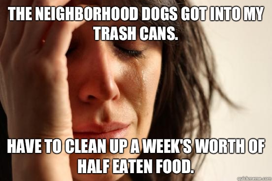 The neighborhood dogs got into my trash cans. Have to clean up a week's worth of half eaten food.  First World Problems