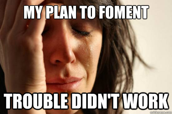 MY PLAN TO FOMENT TROUBLE DIDN'T WORK   First World Problems
