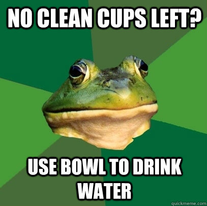no clean cups left? Use bowl to drink water  Foul Bachelor Frog