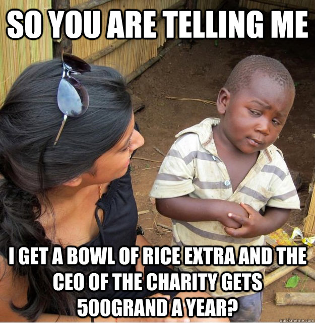 So you are telling me I get a bowl of rice extra and the CEO of the charity gets 500grand a year?  Skeptical Third World Kid