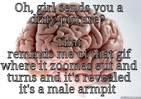 OH, GIRL SENDS YOU A DIRTY PICTURE?  THAT REMINDS ME OF THAT GIF WHERE IT ZOOMES OUT AND TURNS AND IT'S REVEALED IT'S A MALE ARMPIT  Scumbag Brain