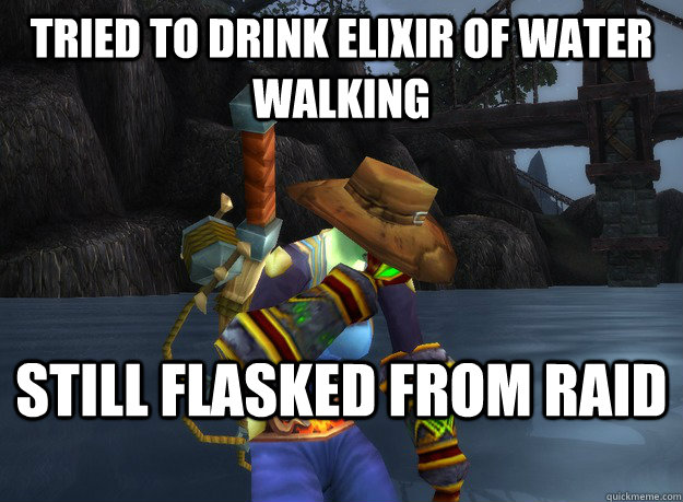 Tried to drink Elixir of Water Walking Still flasked from raid  First World of Warcraft Problems