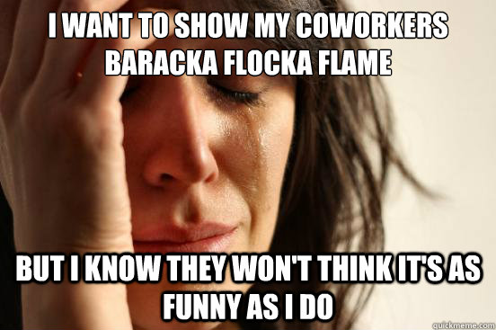 I want to show my coworkers Baracka Flocka Flame but i know They won't think it's as funny as i do  First World Problems