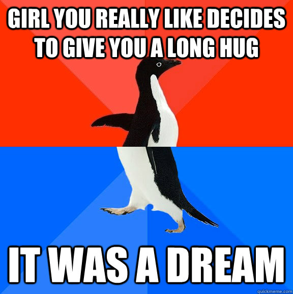 Girl you really like decides to give you a long hug it was a dream  Socially Awesome Awkward Penguin