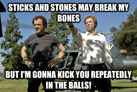 sticks and stones may break my bones but i'm gonna kick you repeatedly in the balls!  