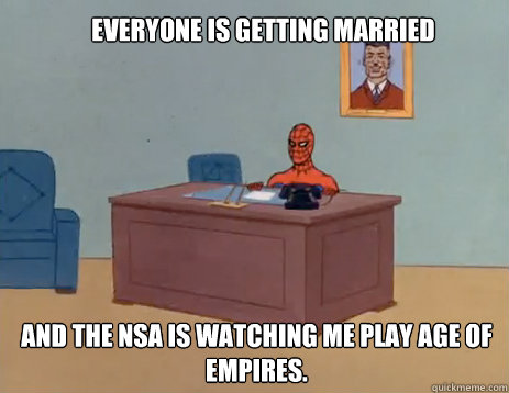 Everyone is getting married And the NSA is watching me play Age of Empires.  masturbating spiderman