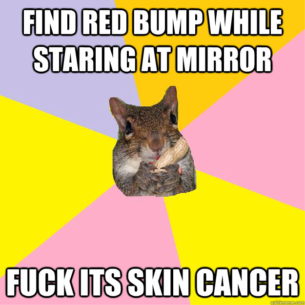 Find red bump while staring at mirror fuck its skin cancer  Hypochondriac Squirrel