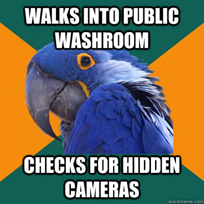 Walks into public washroom Checks for hidden cameras   Paranoid Parrot