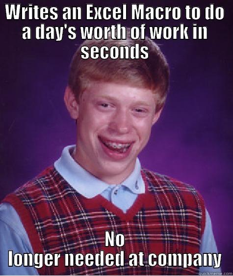 Almost nailed my first day of my first real job - WRITES AN EXCEL MACRO TO DO A DAY'S WORTH OF WORK IN SECONDS NO LONGER NEEDED AT COMPANY Bad Luck Brian