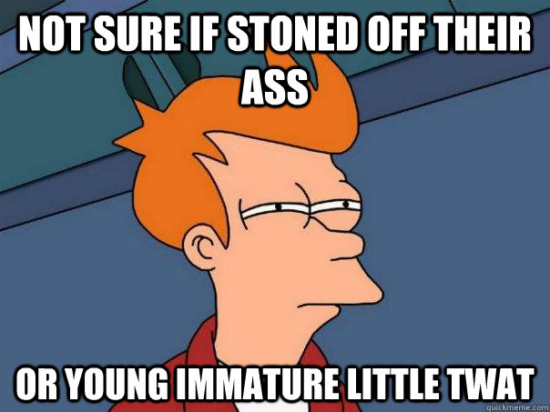 NOT SURE IF STONED OFF THEIR ASS OR YOUNG IMMATURE LITTLE TWAT - NOT SURE IF STONED OFF THEIR ASS OR YOUNG IMMATURE LITTLE TWAT  Futurama Fry