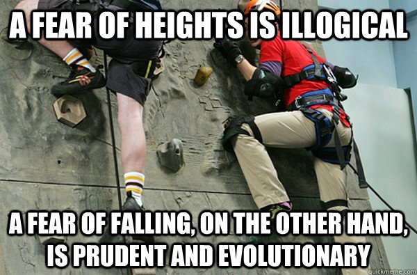 A fear of heights is illogical A fear of falling, on the other hand, is prudent and evolutionary  