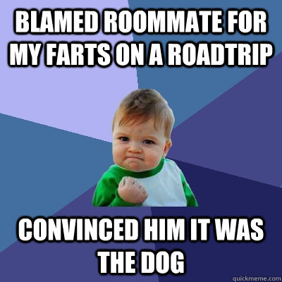 Blamed roommate for my farts on a roadtrip Convinced him it was the dog  Success Kid