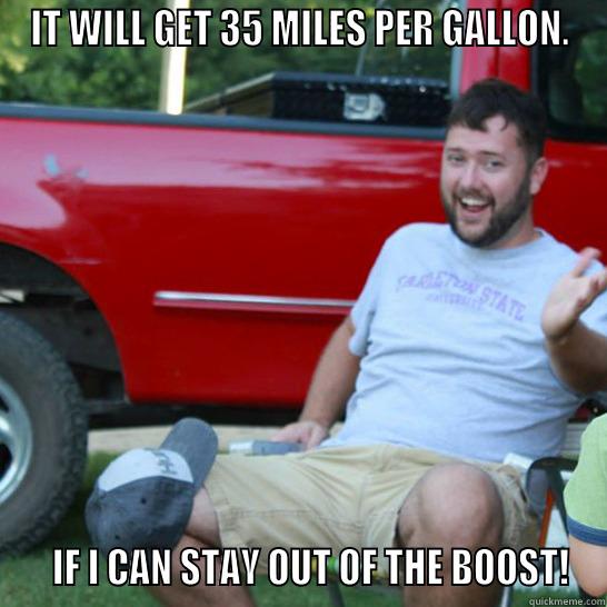 IT WILL GET 35 MILES PER GALLON.    IF I CAN STAY OUT OF THE BOOST! Misc