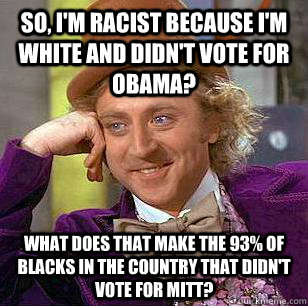 so, I'm racist because I'm white and didn't vote for obama? what does that make the 93% of blacks in the country that didn't vote for mitt? - so, I'm racist because I'm white and didn't vote for obama? what does that make the 93% of blacks in the country that didn't vote for mitt?  Condescending Wonka