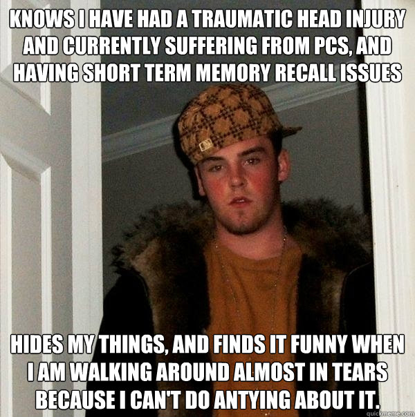 Knows I have had a traumatic head injury and currently suffering from PCS, and having short term memory recall issues Hides my things, and finds it funny when I am walking around almost in tears because I can't do antying about it.  Scumbag Steve