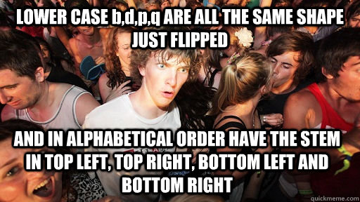 LOWER CASE b,d,p,q ARE ALL THE SAME SHAPE JUST FLIPPED AND IN ALPHABETICAL ORDER HAVE THE STEM IN TOP LEFT, TOP RIGHT, BOTTOM LEFT AND BOTTOM RIGHT  Sudden Clarity Clarence