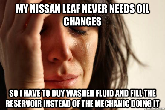 My Nissan Leaf never needs oil changes So I have to buy washer fluid and fill the reservoir instead of the mechanic doing it  First World Problems