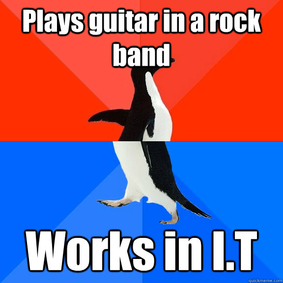 Plays guitar in a rock band Works in I.T  Socially Awesome Awkward Penguin
