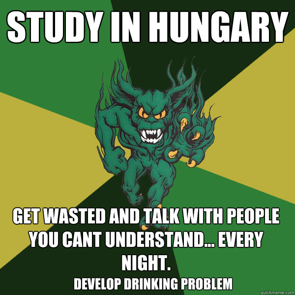 Study in hungary get wasted and talk with people you cant understand... every night.  develop drinking problem  Green Terror