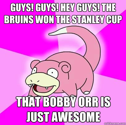 GUys! guys! hey guys! The Bruins won the Stanley Cup That Bobby Orr is just awesome  Slowpoke