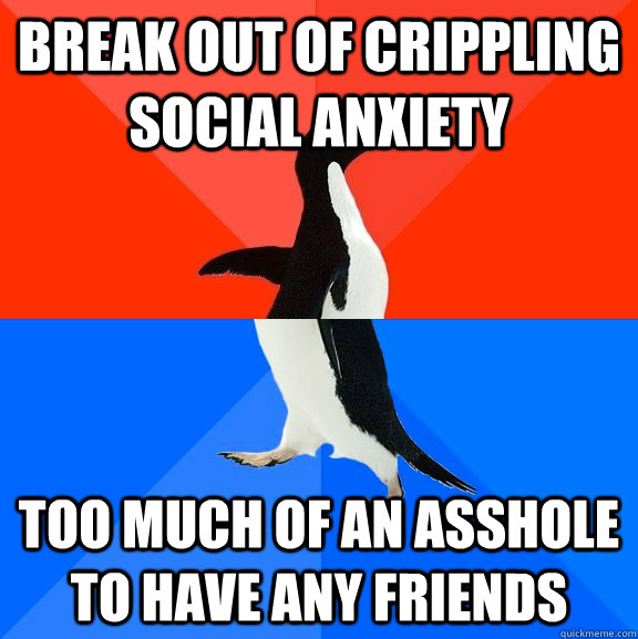 Break out of crippling social anxiety Too much of an asshole to have any friends  Socially Awesome Awkward Penguin