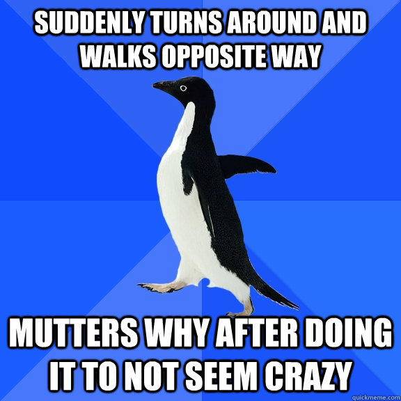 Suddenly turns around and walks opposite way Mutters why after doing it to not seem crazy  Socially Awkward Penguin