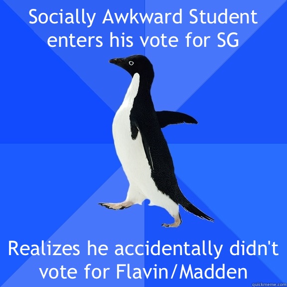 Socially Awkward Student enters his vote for SG Realizes he accidentally didn't vote for Flavin/Madden  Socially Awkward Penguin