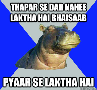 thapar se dar nahee laktha hai bhaisaab pyaar se laktha hai - thapar se dar nahee laktha hai bhaisaab pyaar se laktha hai  Skeptical Hippo