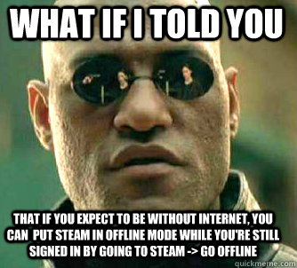 what if i told you that if you expect to be without internet, you can  put steam in offline mode while you're still signed in by going to steam -> go offline  Matrix Morpheus