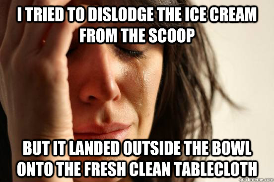 I tried to dislodge the ice cream from the scoop But it landed outside the bowl onto the fresh clean tablecloth  First World Problems