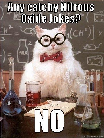 Any catchy Nitrous Oxide jokes? - ANY CATCHY NITROUS OXIDE JOKES? NO Chemistry Cat