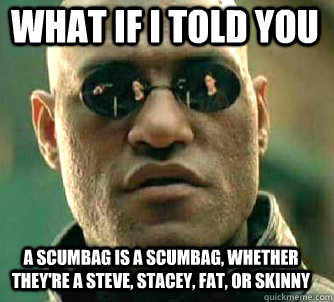 what if i told you a scumbag is a scumbag, whether they're a steve, stacey, fat, or skinny  Matrix Morpheus